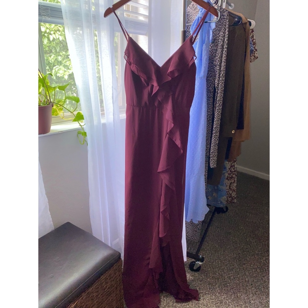 Wedding guest, bridesmaid, long, spaghetti strap, Merlot, polyester, vneck dress
